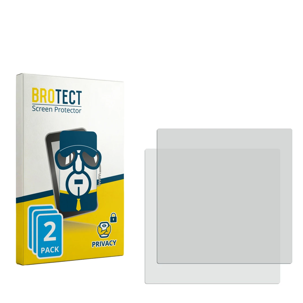 Parte frontal de un envase de producto con el logotipo de la marca BROTECT. Al lado está el protector de pantalla correspondie