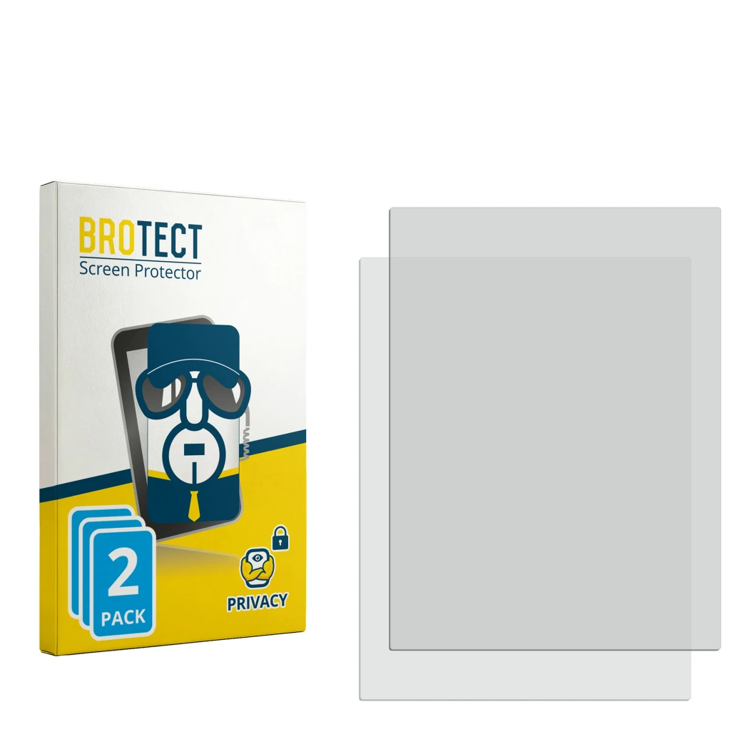 Parte frontal de un envase de producto con el logotipo de la marca BROTECT. Al lado está el protector de pantalla correspondie