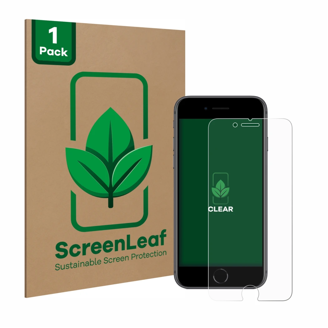 Parte frontal de un envase de producto con el logotipo de la marca ScreenLeaf. Al lado se muestra el dispositivo Apple iPhone 