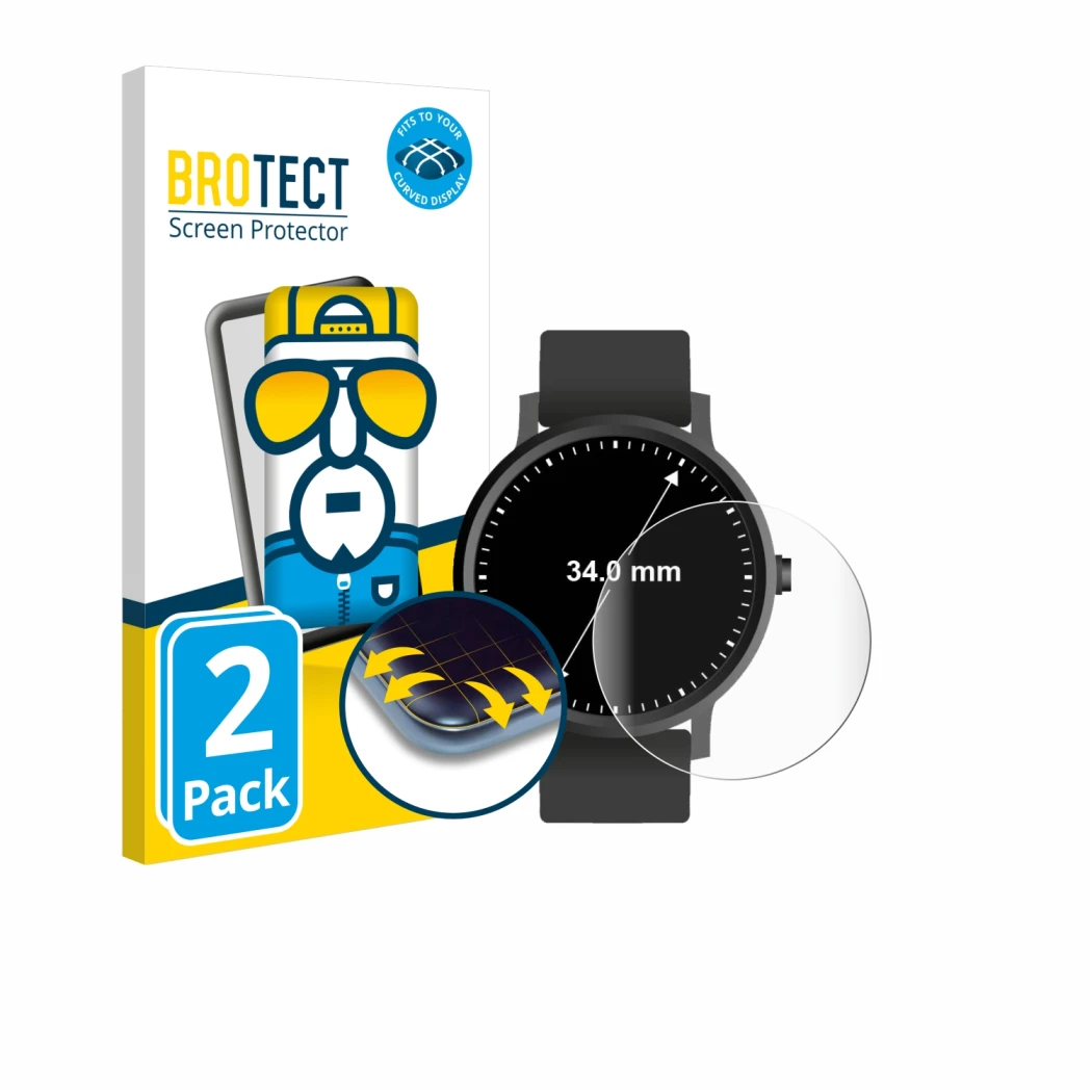 Parte frontal de un envase de producto con el logotipo de la marca BROTECT. Al lado se muestra el dispositivo Relojes (Circula