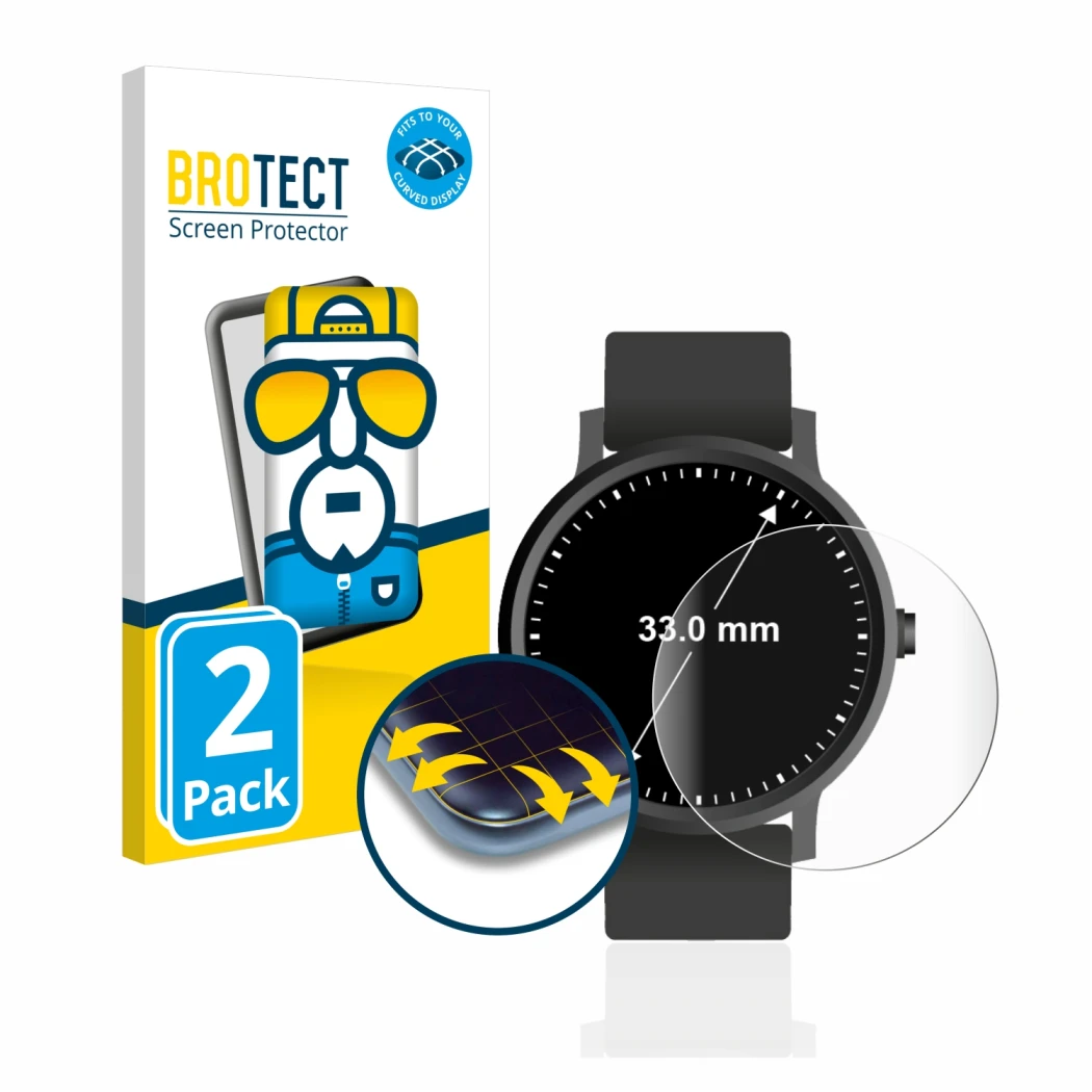 Parte frontal de un envase de producto con el logotipo de la marca BROTECT. Al lado se muestra el dispositivo Relojes (Circula