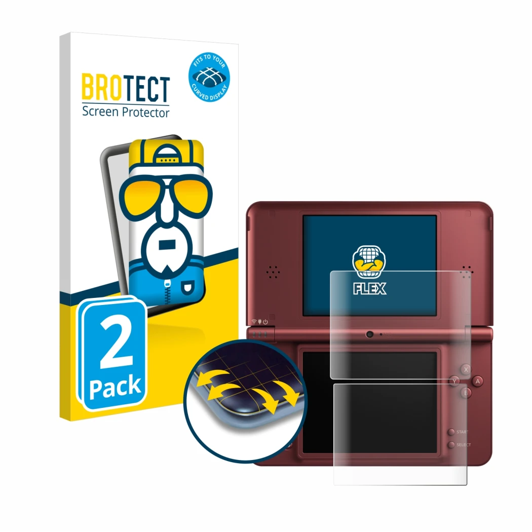 Parte frontal de un envase de producto con el logotipo de la marca BROTECT. Al lado se muestra el dispositivo Nintendo DSi XL