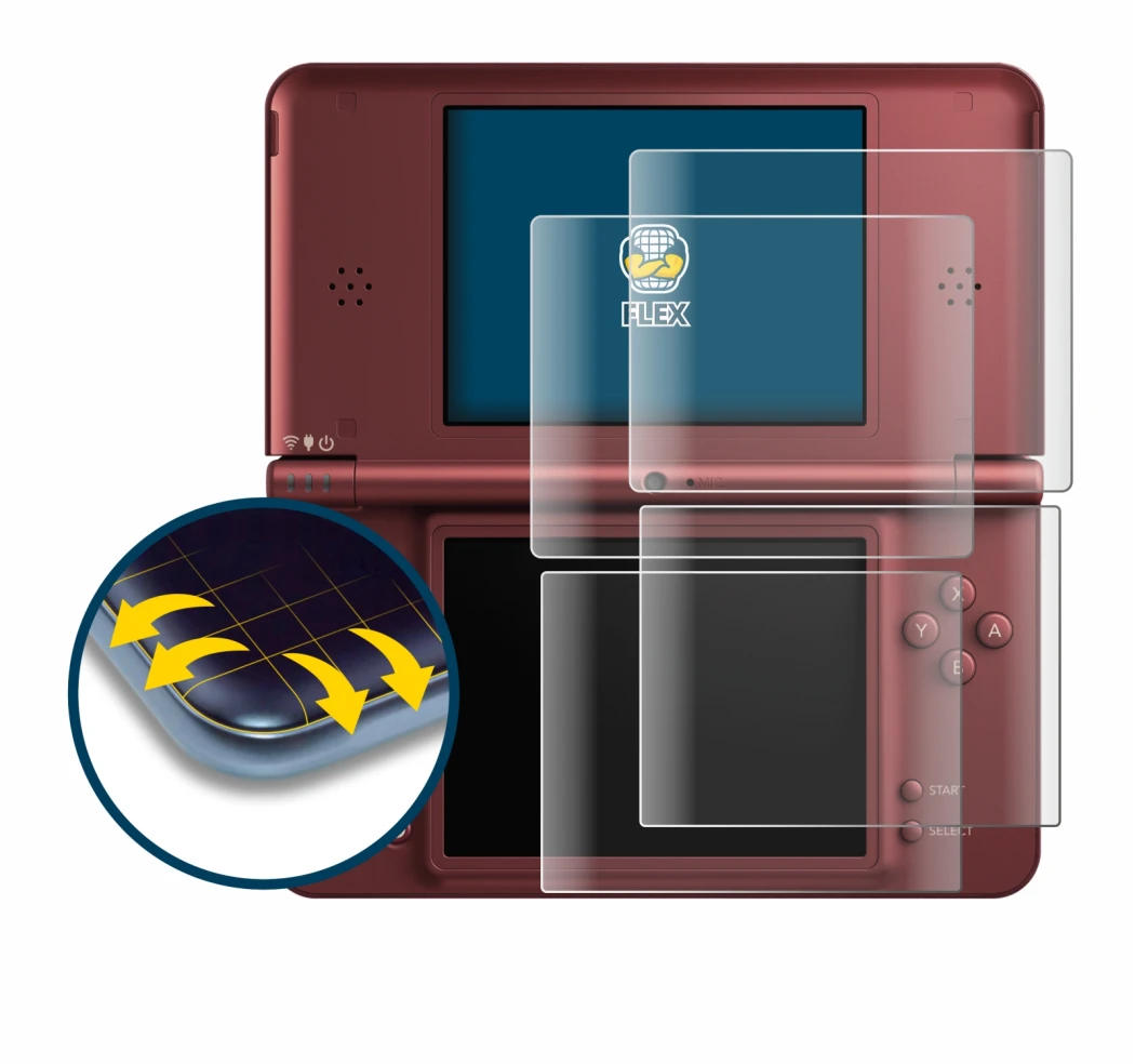 Imagen del dispositivo Nintendo DSi XL con una amplia variedad de protectores de pantalla.