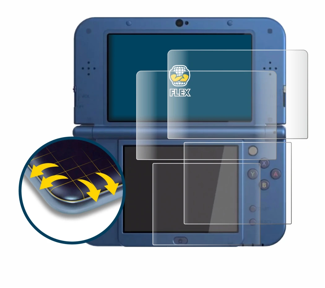 Imagen del dispositivo Nintendo New 3DS XL con una amplia variedad de protectores de pantalla.
