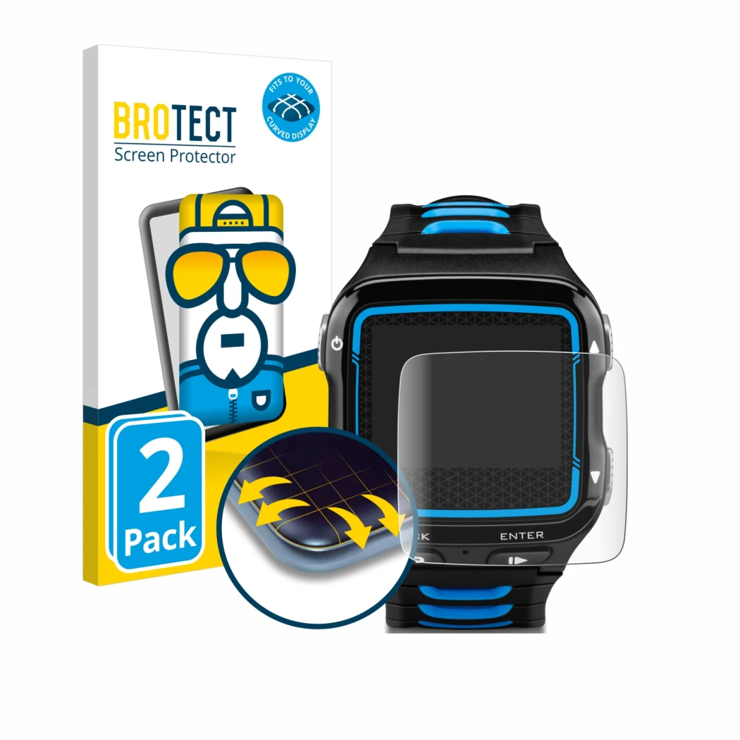 Parte frontal de un envase de producto con el logotipo de la marca BROTECT. Al lado se muestra el dispositivo Garmin Forerunne