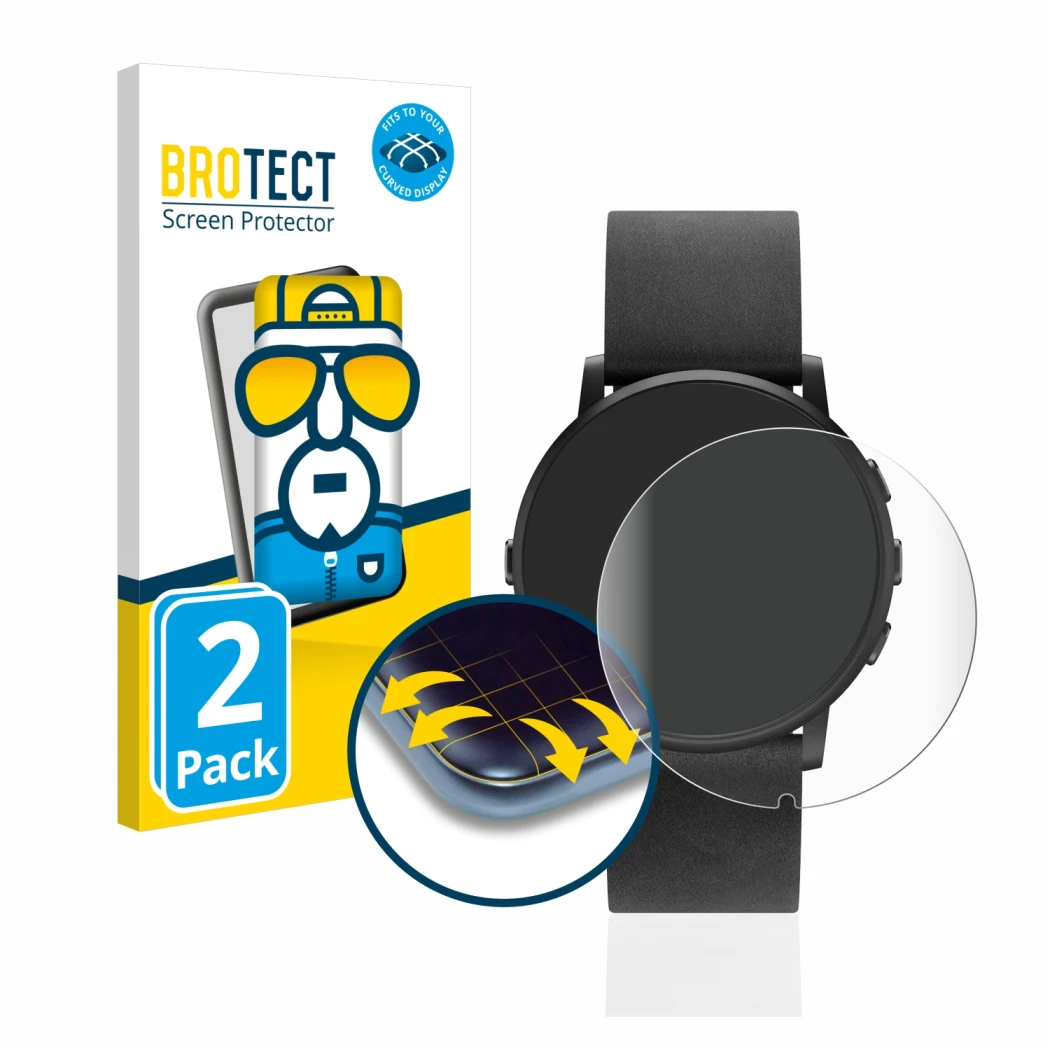 Parte frontal de un envase de producto con el logotipo de la marca BROTECT. Al lado se muestra el dispositivo Pebble Time Roun
