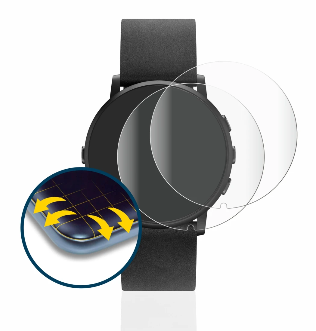 Imagen del dispositivo Pebble Time Round con una amplia variedad de protectores de pantalla.