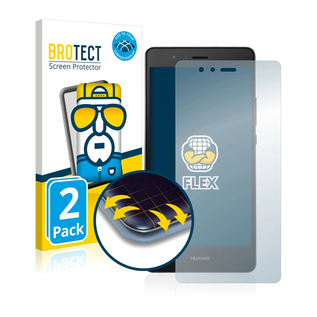 Parte frontal de un envase de producto con el logotipo de la marca BROTECT. Al lado se muestra el dispositivo Huawei P9 con su