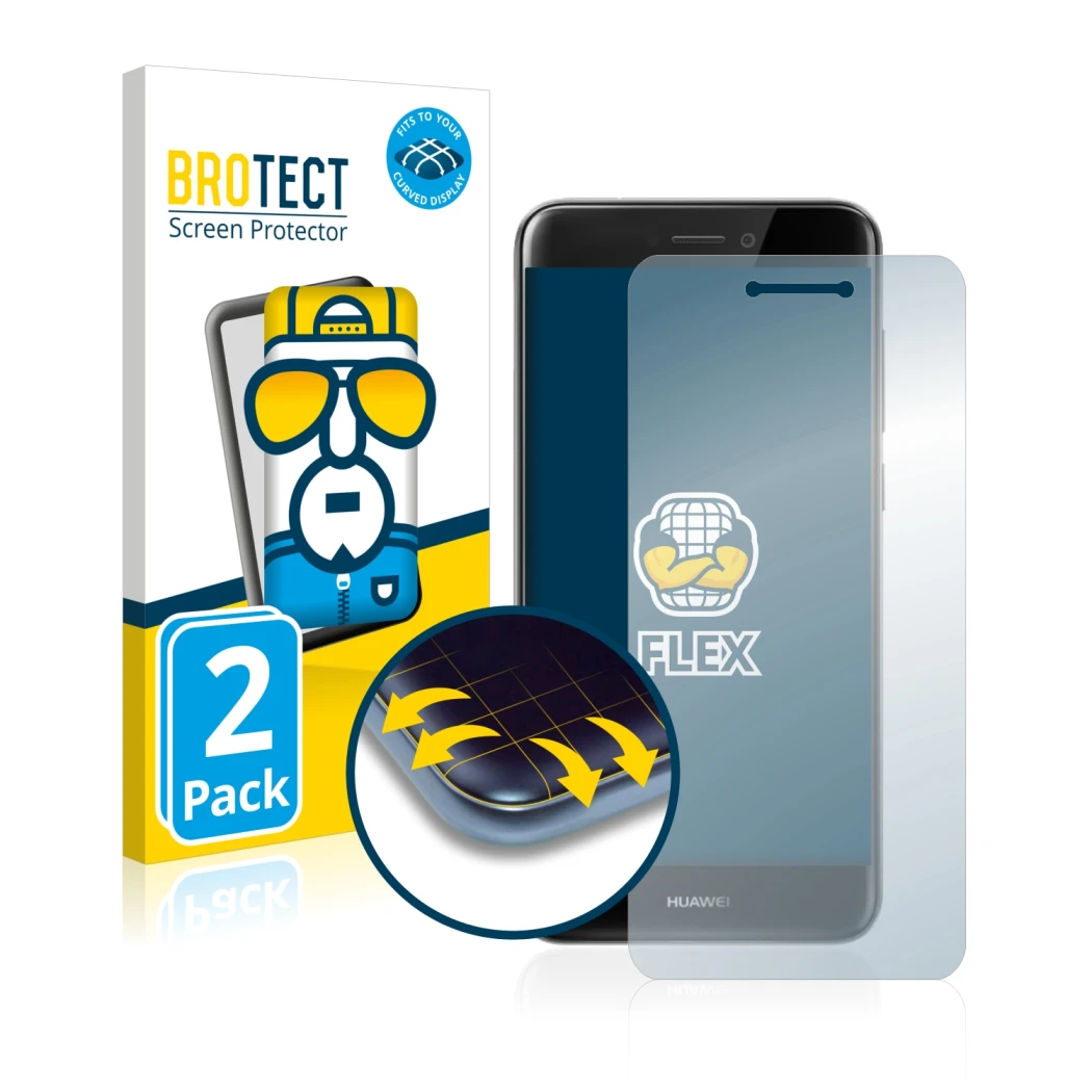Parte frontal de un envase de producto con el logotipo de la marca BROTECT. Al lado se muestra el dispositivo Huawei P8 Lite 2