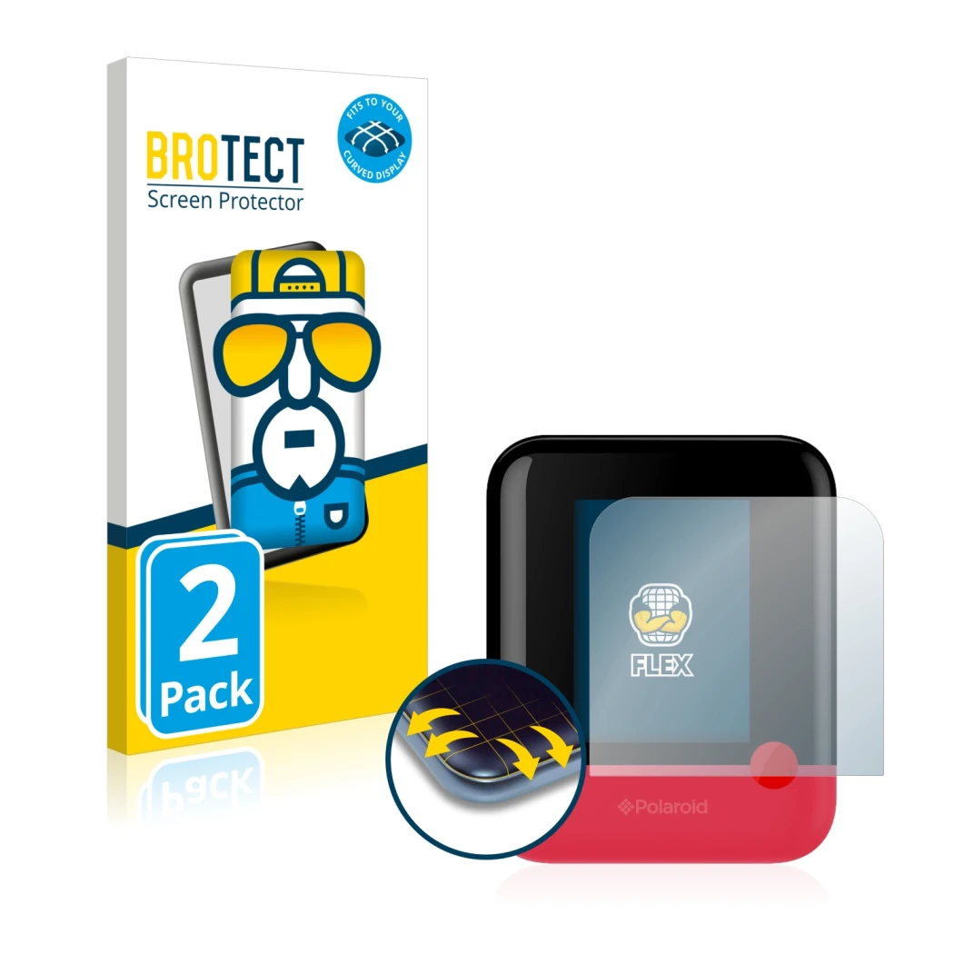 Parte frontal de un envase de producto con el logotipo de la marca BROTECT. Al lado se muestra el dispositivo Polaroid Pop con