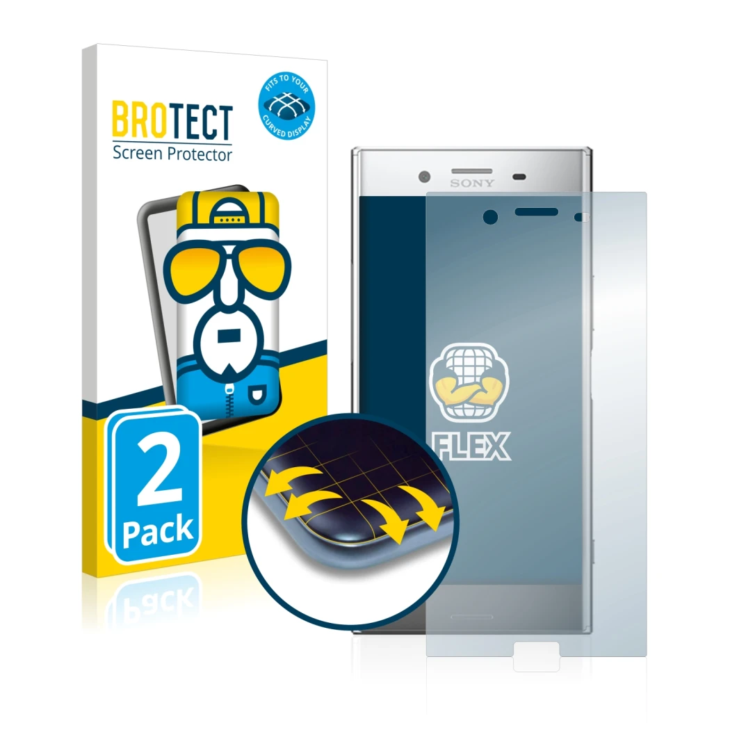 Parte frontal de un envase de producto con el logotipo de la marca BROTECT. Al lado se muestra el dispositivo Sony Xperia XZ P