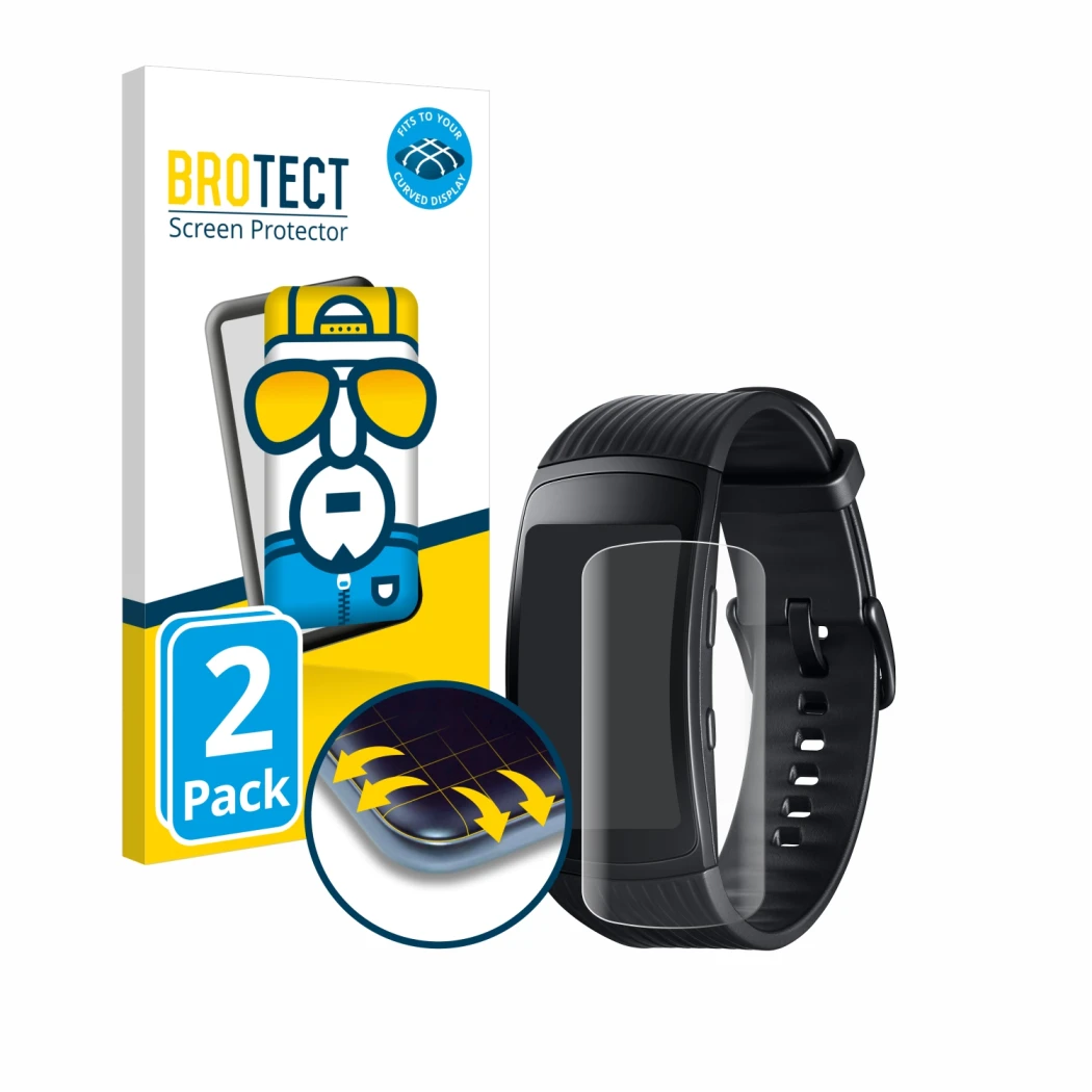 Parte frontal de un envase de producto con el logotipo de la marca BROTECT. Al lado se muestra el dispositivo Samsung Gear Fit