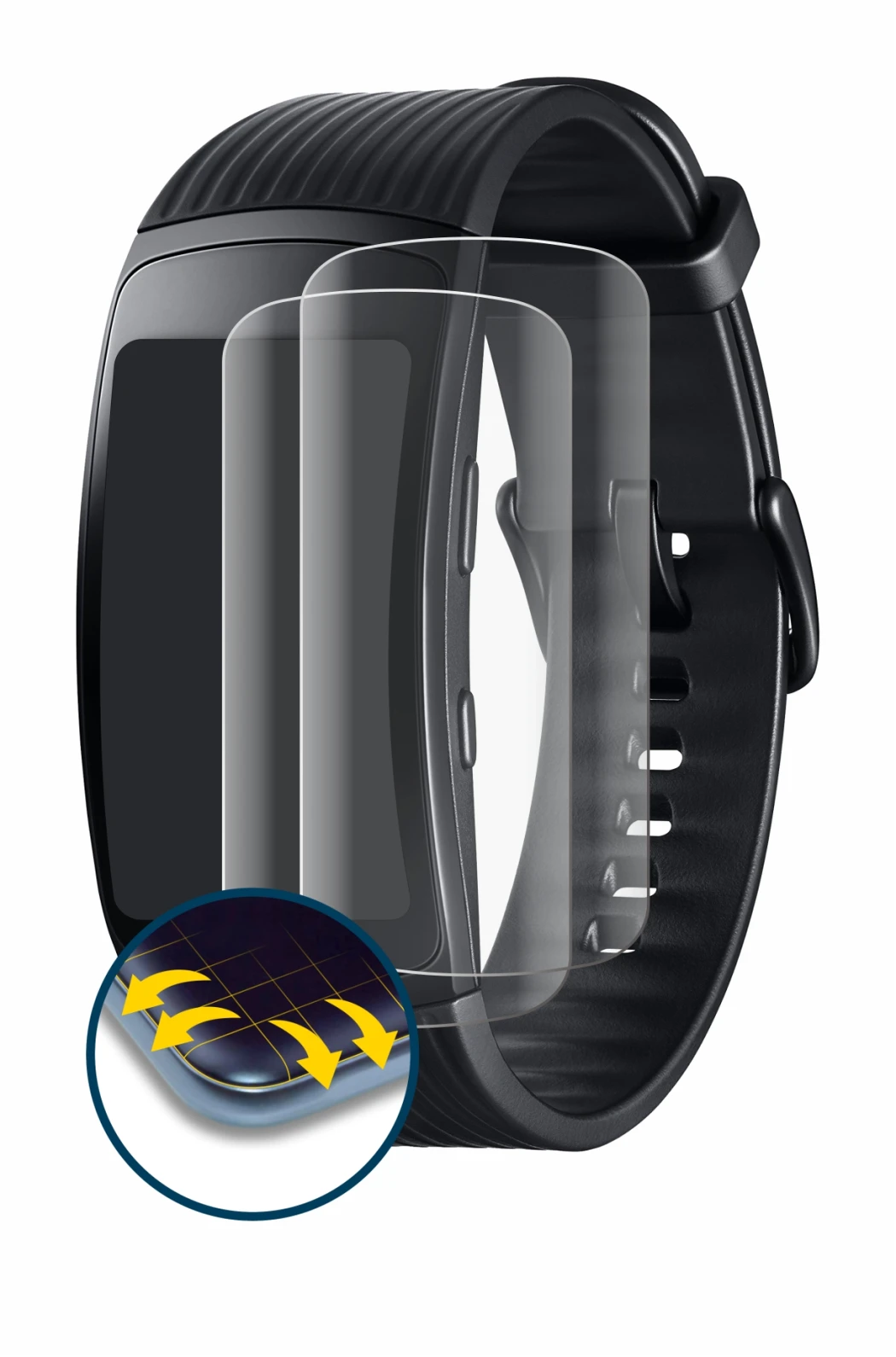 Imagen del dispositivo Samsung Gear Fit 2 Pro con una amplia variedad de protectores de pantalla.