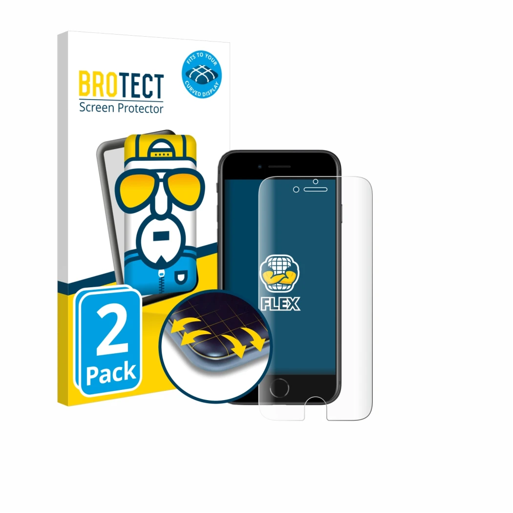 Parte frontal de un envase de producto con el logotipo de la marca BROTECT. Al lado se muestra el dispositivo Apple iPhone SE 