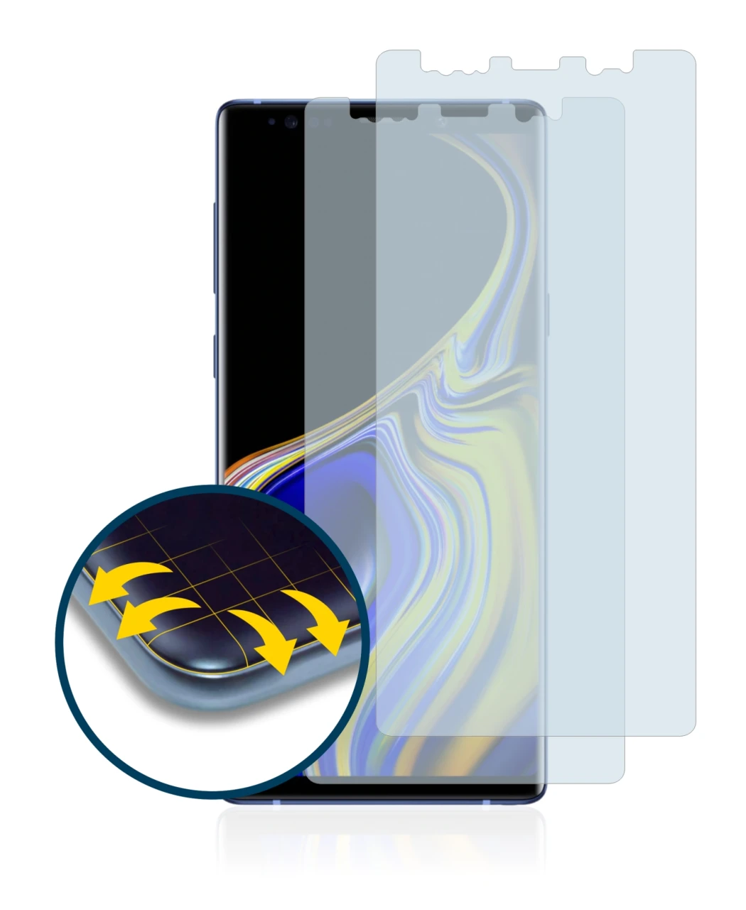 Imagen del dispositivo Samsung Galaxy Note 9 con una amplia variedad de protectores de pantalla.