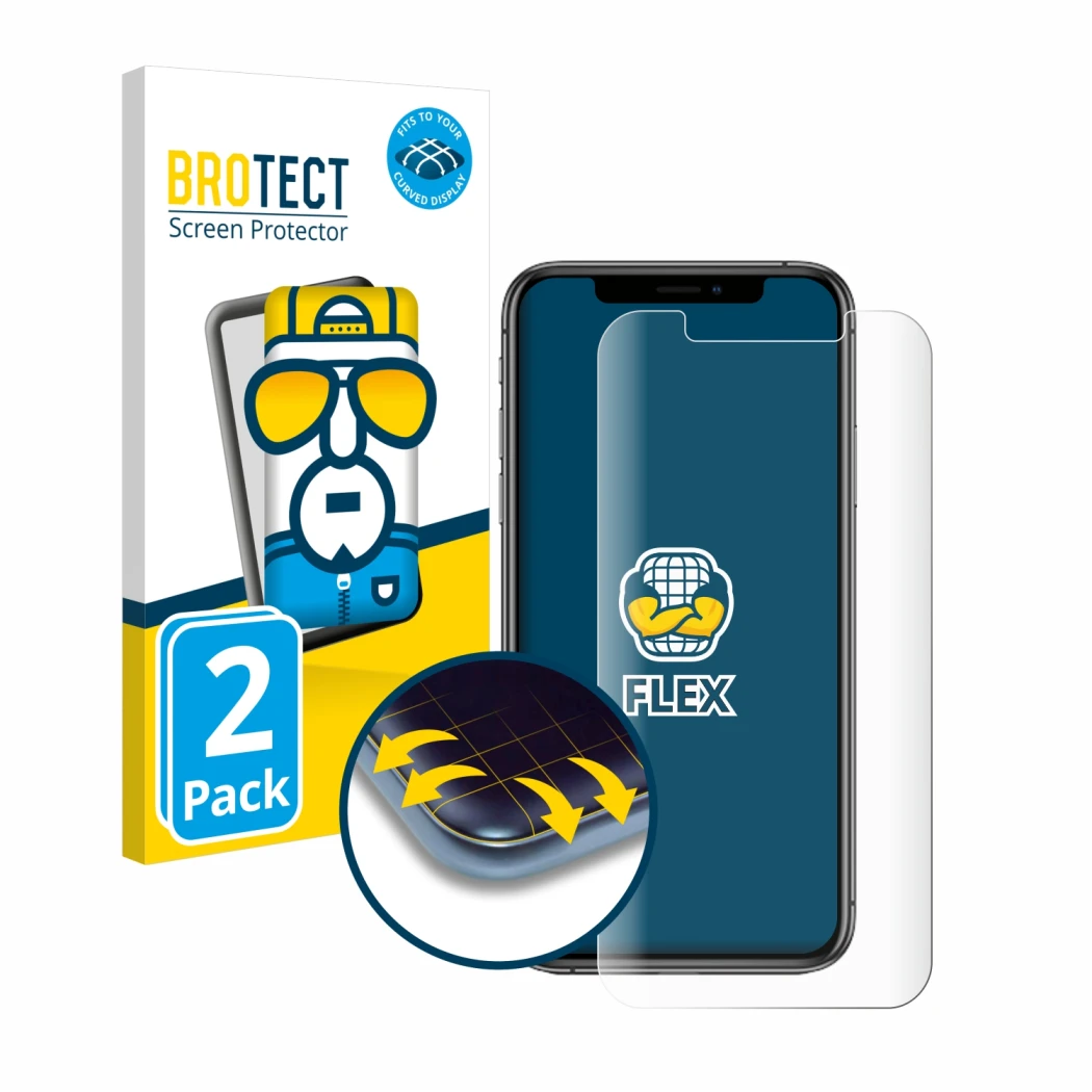 Parte frontal de un envase de producto con el logotipo de la marca BROTECT. Al lado se muestra el dispositivo Apple iPhone Xs