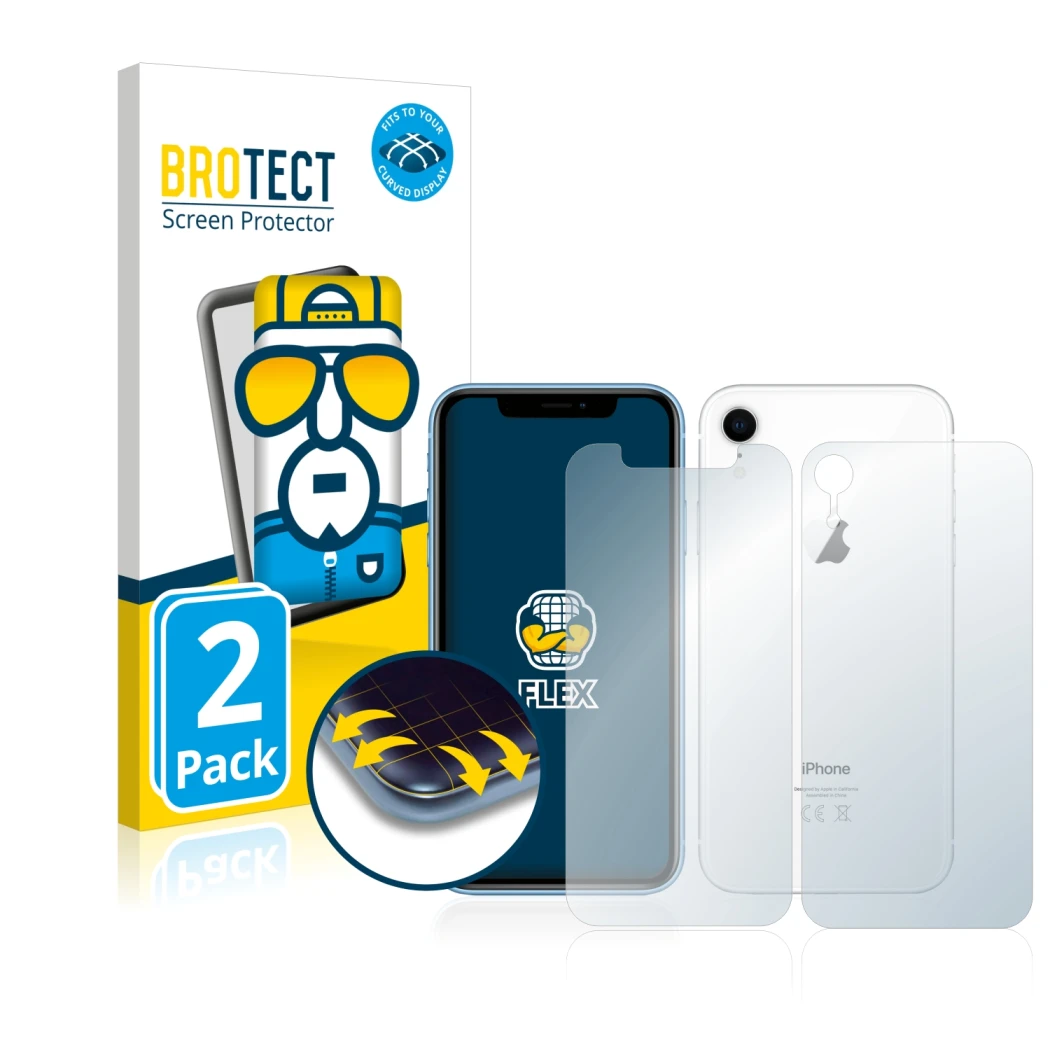 Parte frontal de un envase de producto con el logotipo de la marca BROTECT. Al lado se muestra el dispositivo Apple iPhone XR