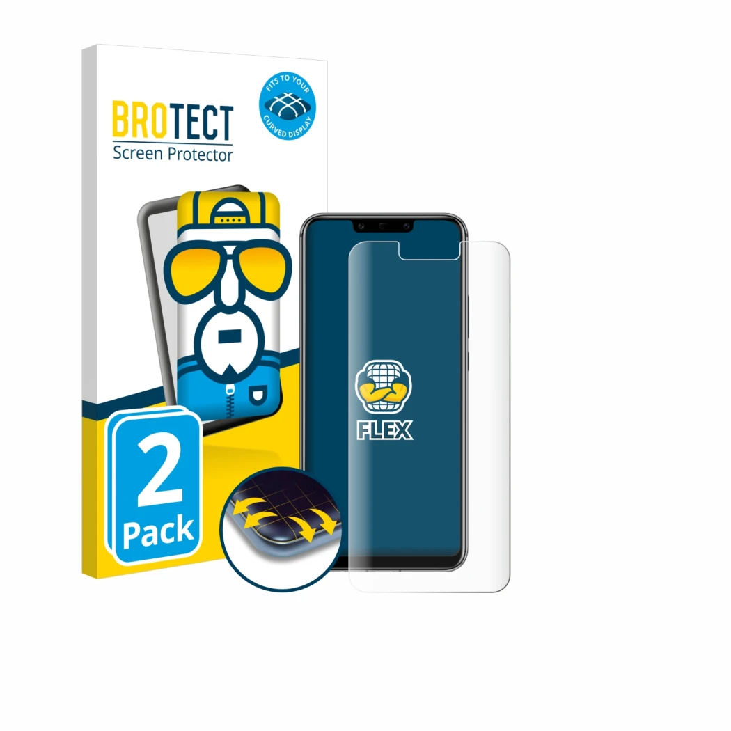 Parte frontal de un envase de producto con el logotipo de la marca BROTECT. Al lado se muestra el dispositivo Huawei Mate 20 l