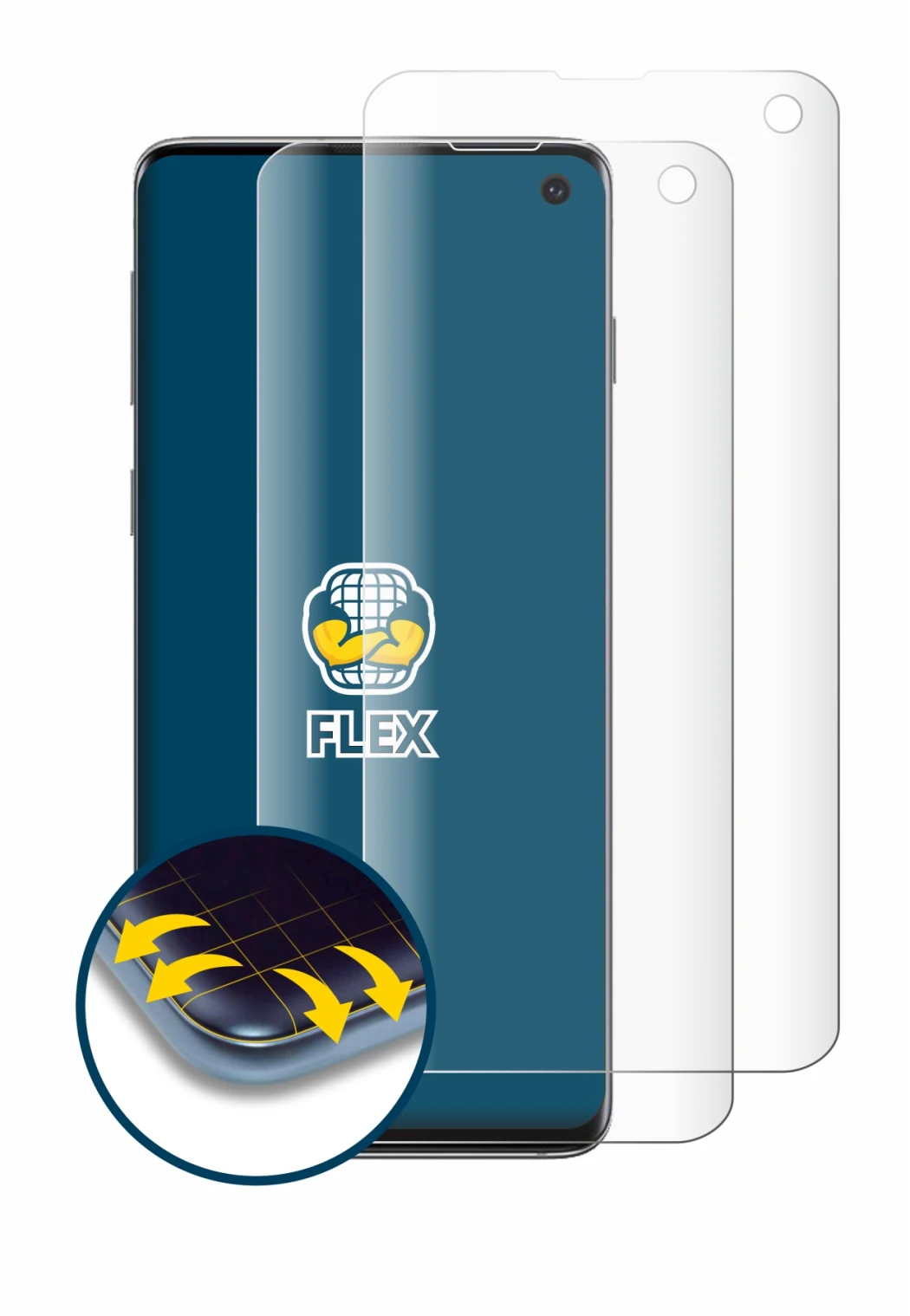 Imagen del dispositivo Samsung Galaxy S10 con una amplia variedad de protectores de pantalla.