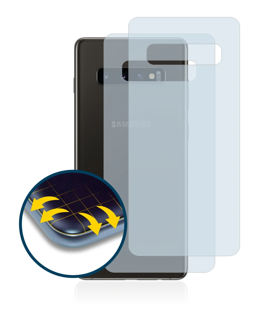 Imagen del dispositivo Samsung Galaxy S10 (Trasero) con una amplia variedad de protectores de pantalla.