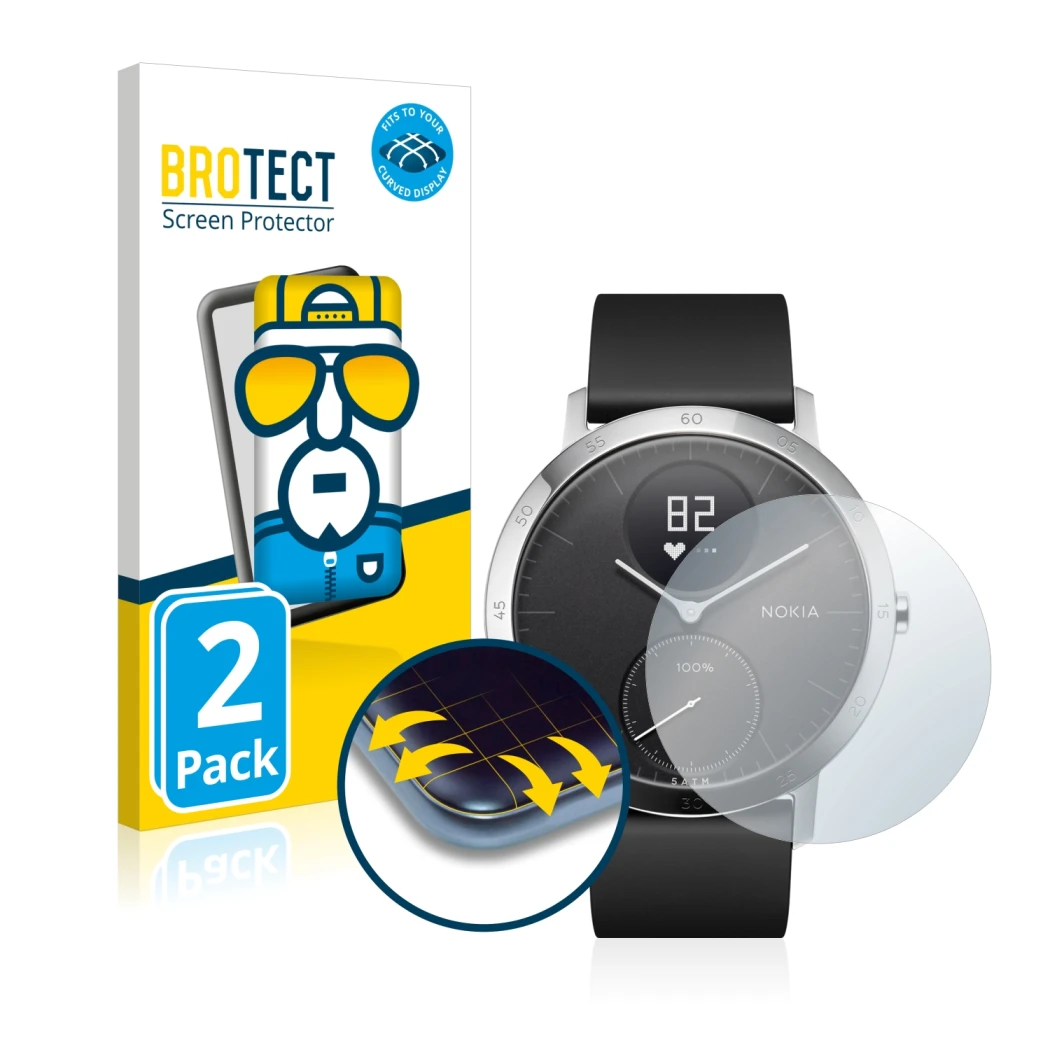 Parte frontal de un envase de producto con el logotipo de la marca BROTECT. Al lado se muestra el dispositivo Withings Steel H