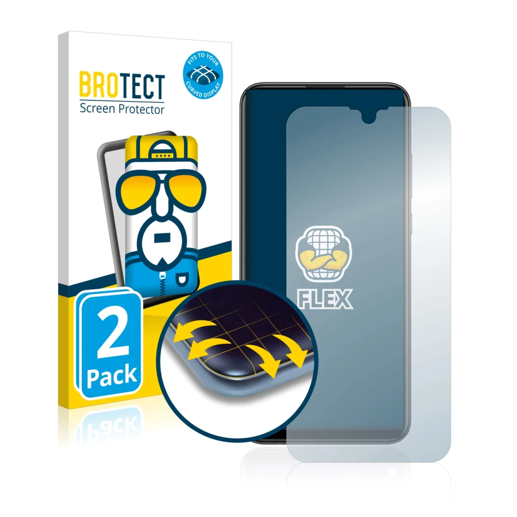 Parte frontal de un envase de producto con el logotipo de la marca BROTECT. Al lado se muestra el dispositivo Huawei P smart 2