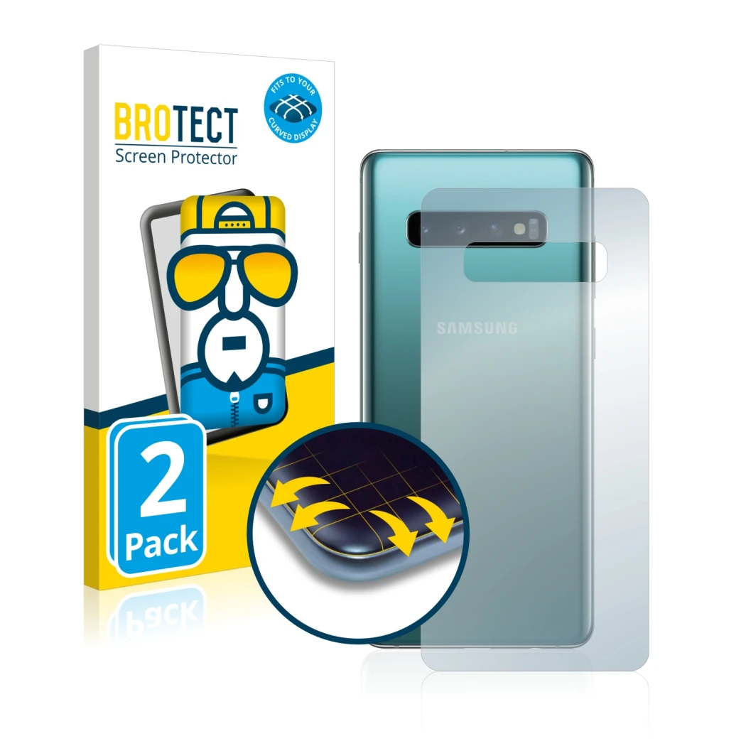 Parte frontal de un envase de producto con el logotipo de la marca BROTECT. Al lado se muestra el dispositivo Samsung Galaxy S