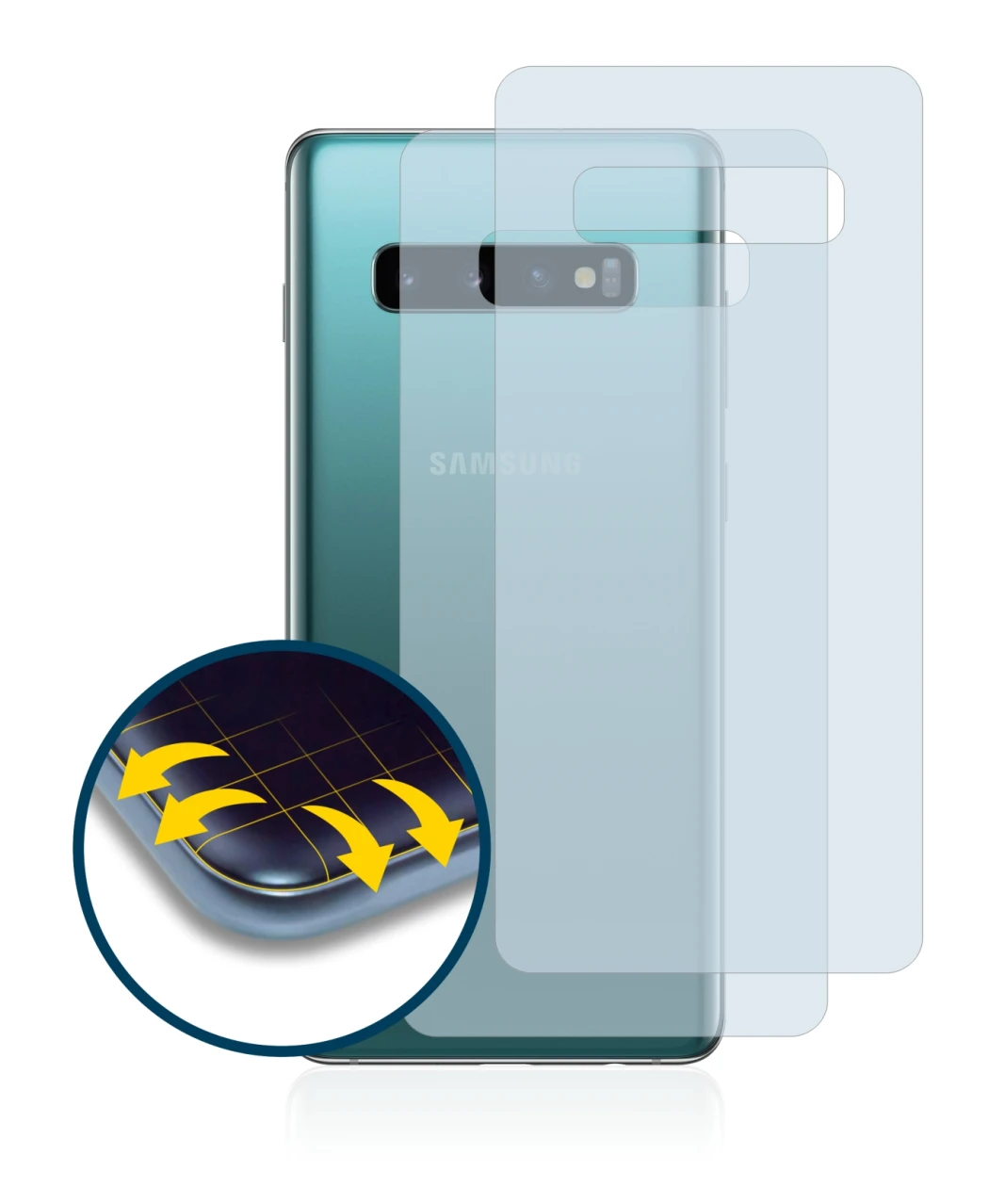 Imagen del dispositivo Samsung Galaxy S10 Plus (Trasero) con una amplia variedad de protectores de pantalla.