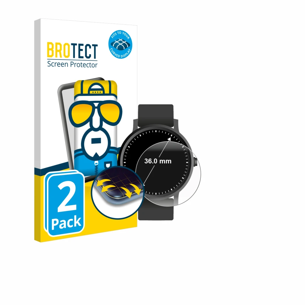 Parte frontal de un envase de producto con el logotipo de la marca BROTECT. Al lado se muestra el dispositivo Circular Display