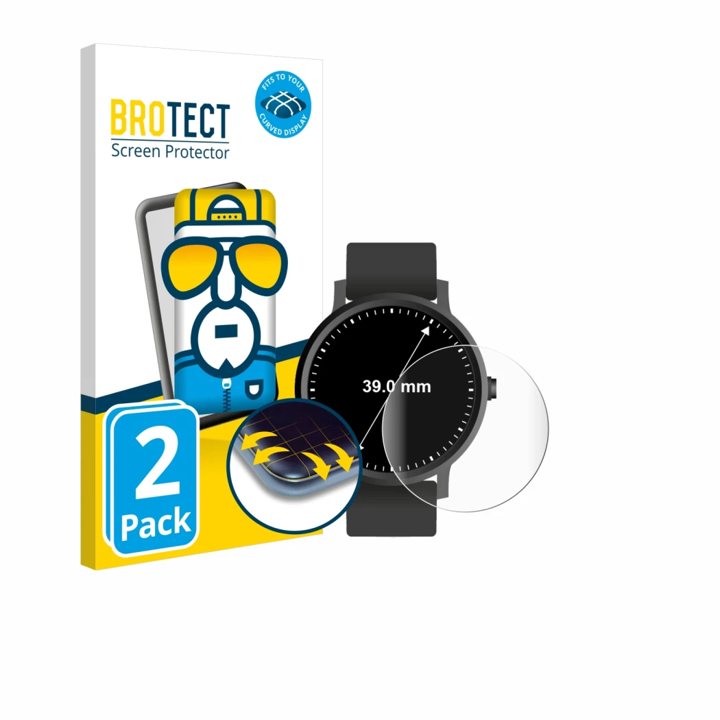 Parte frontal de un envase de producto con el logotipo de la marca BROTECT. Al lado se muestra el dispositivo Circular Display