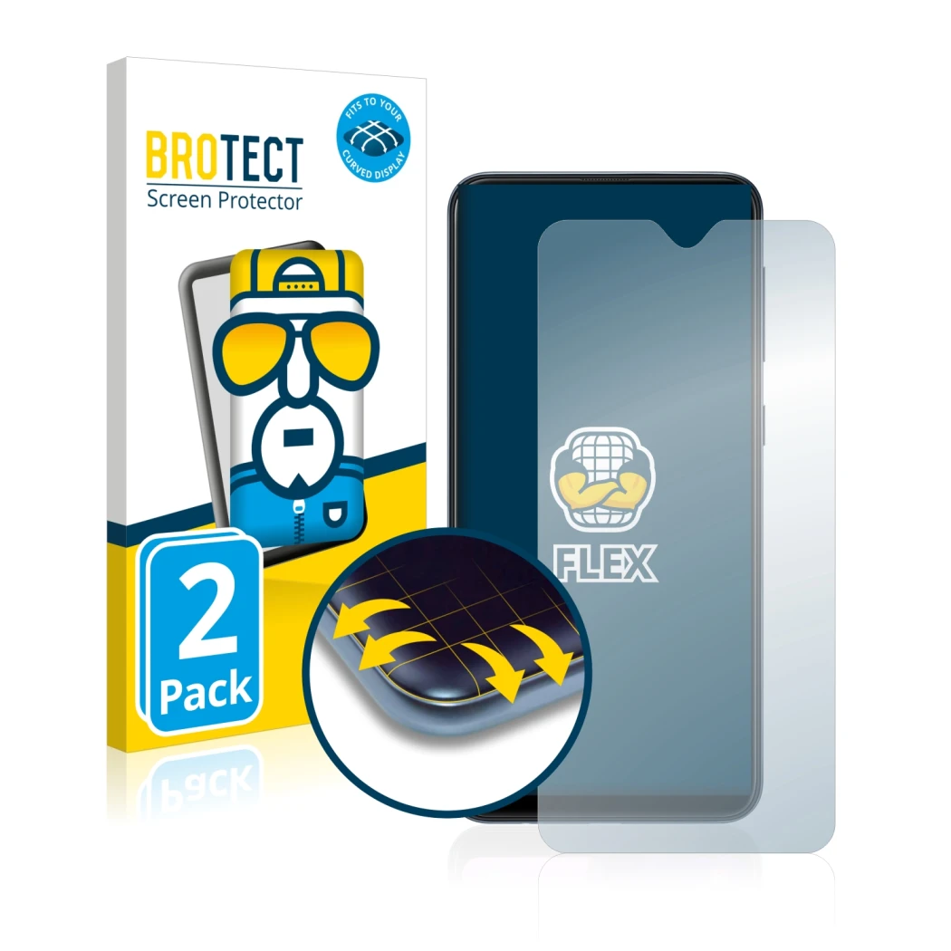 Parte frontal de un envase de producto con el logotipo de la marca BROTECT. Al lado se muestra el dispositivo Samsung Galaxy A