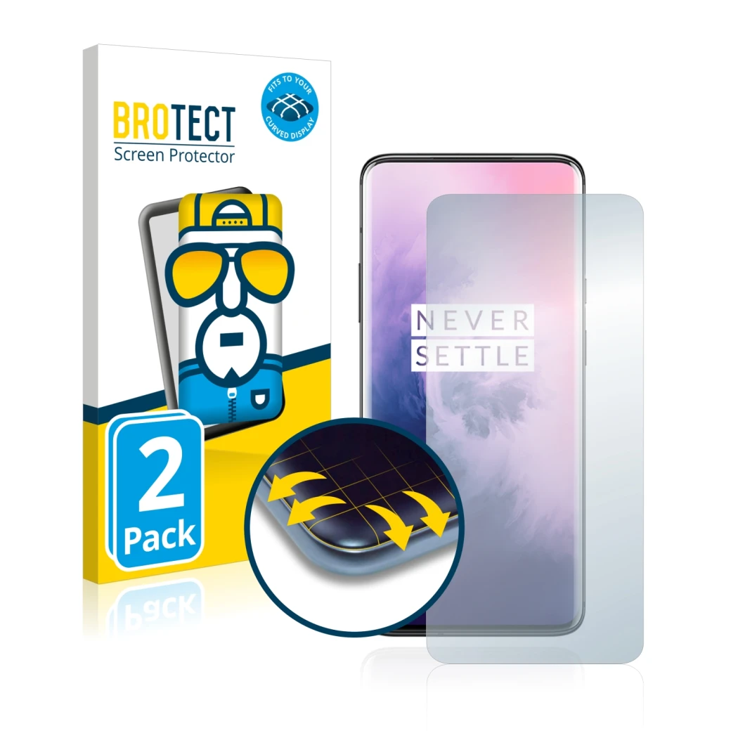 Parte frontal de un envase de producto con el logotipo de la marca BROTECT. Al lado se muestra el dispositivo OnePlus 7 Pro co