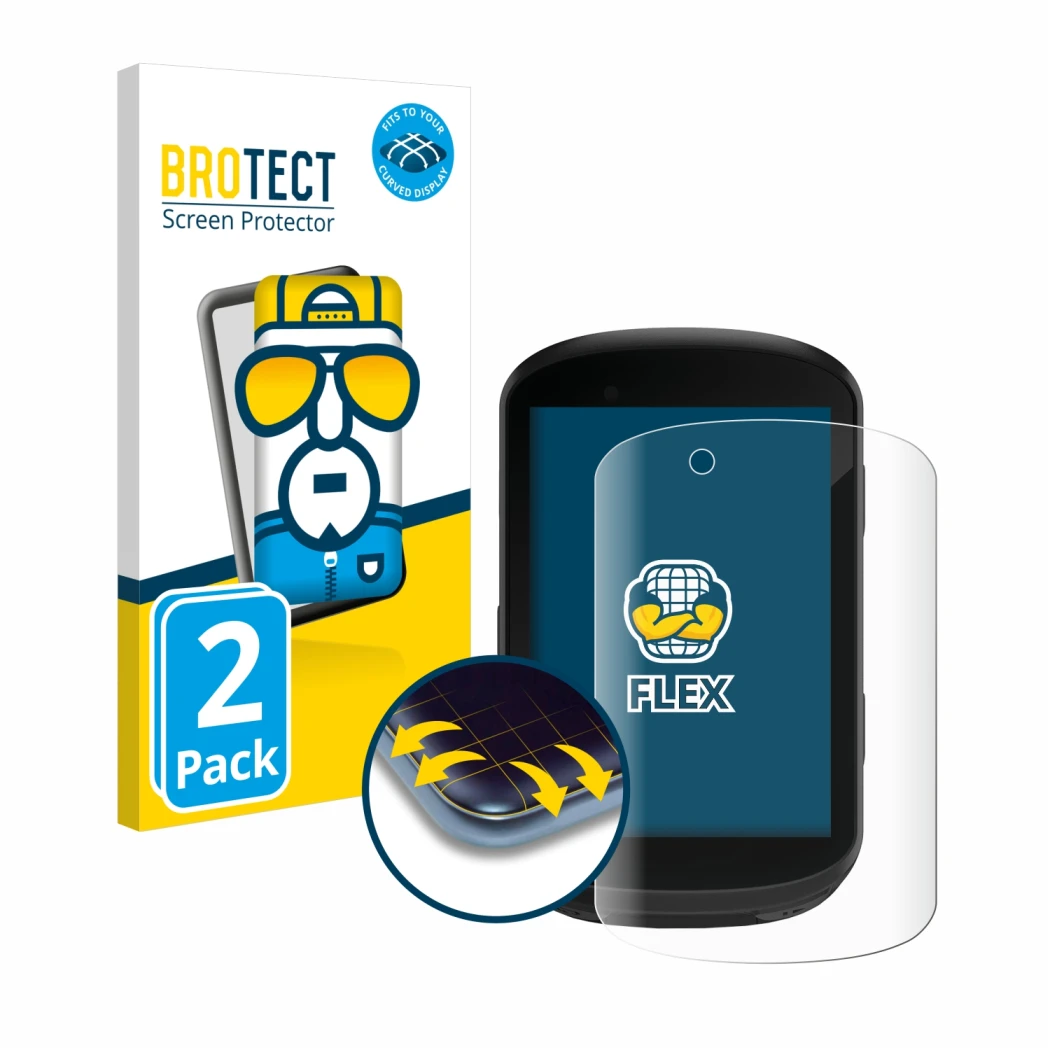 Parte frontal de un envase de producto con el logotipo de la marca BROTECT. Al lado se muestra el dispositivo Garmin Edge 830 