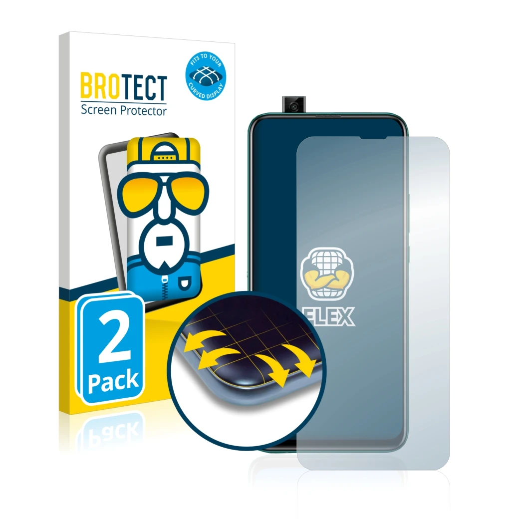 Parte frontal de un envase de producto con el logotipo de la marca BROTECT. Al lado se muestra el dispositivo Huawei P smart Z