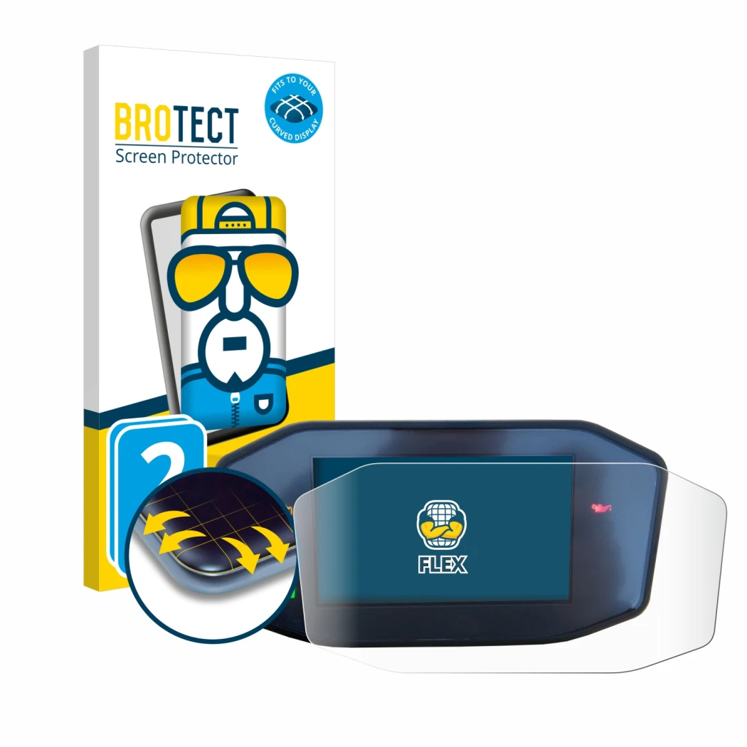 Parte frontal de un envase de producto con el logotipo de la marca BROTECT. Al lado se muestra el dispositivo KTM 790 Duke con