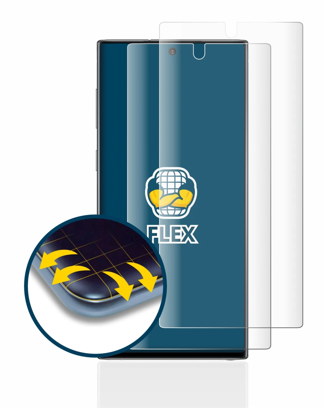 Imagen del dispositivo Samsung Galaxy Note 10 con una amplia variedad de protectores de pantalla.