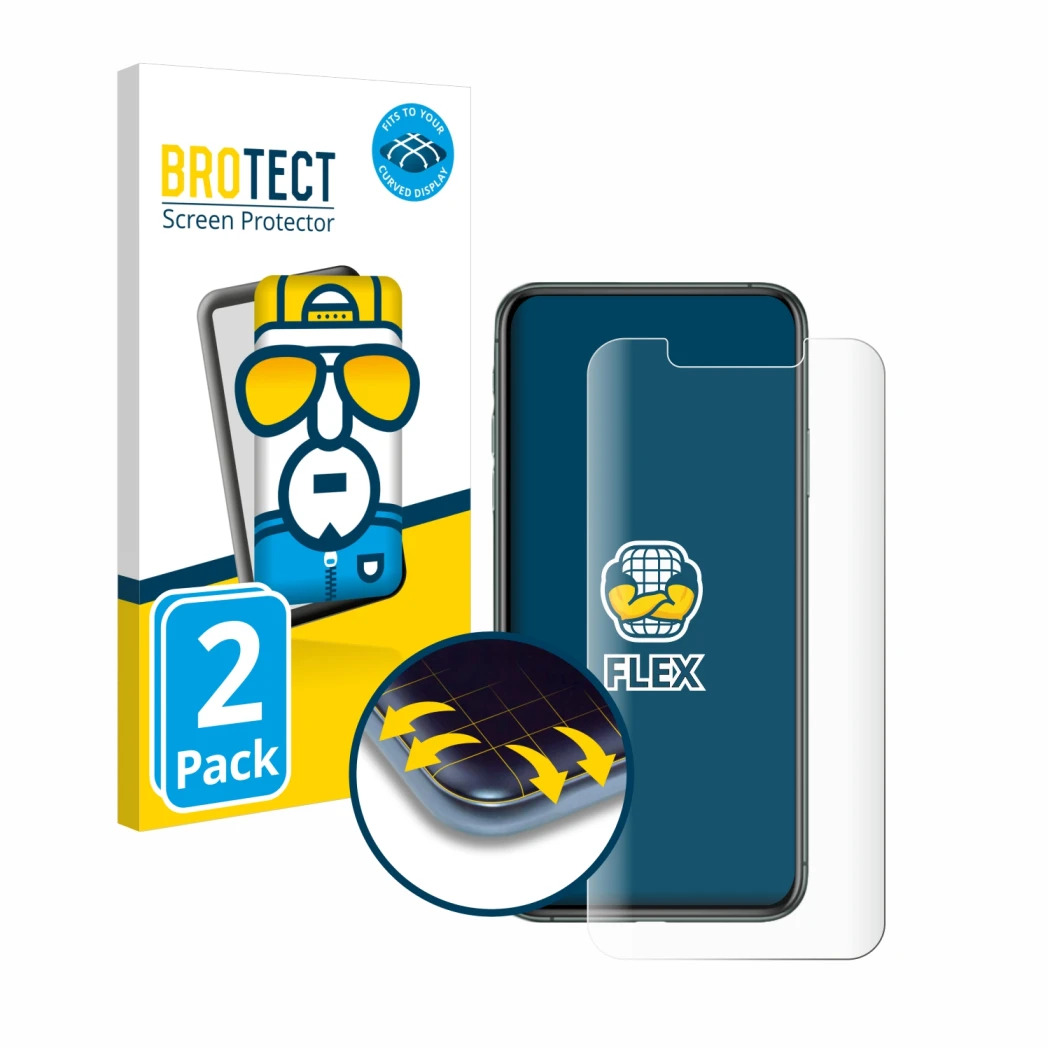 Parte frontal de un envase de producto con el logotipo de la marca BROTECT. Al lado se muestra el dispositivo Apple iPhone 11 