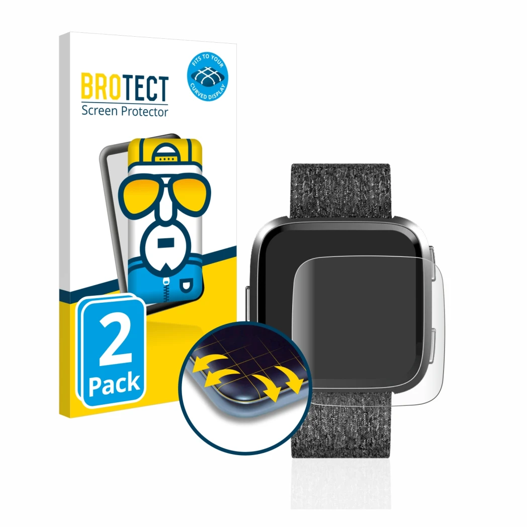 Parte frontal de un envase de producto con el logotipo de la marca BROTECT. Al lado se muestra el dispositivo Fitbit Versa Spe