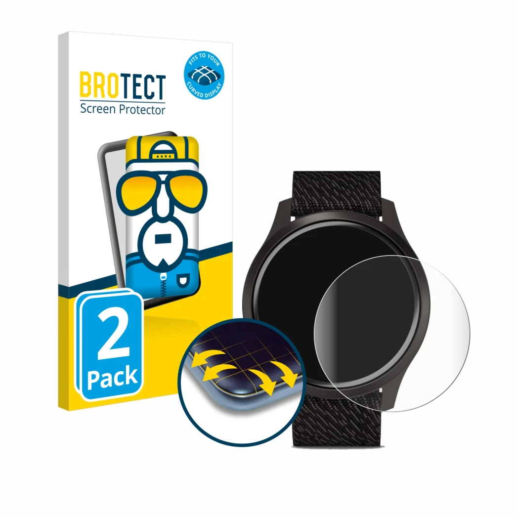 Parte frontal de un envase de producto con el logotipo de la marca BROTECT. Al lado se muestra el dispositivo Garmin vivomove 