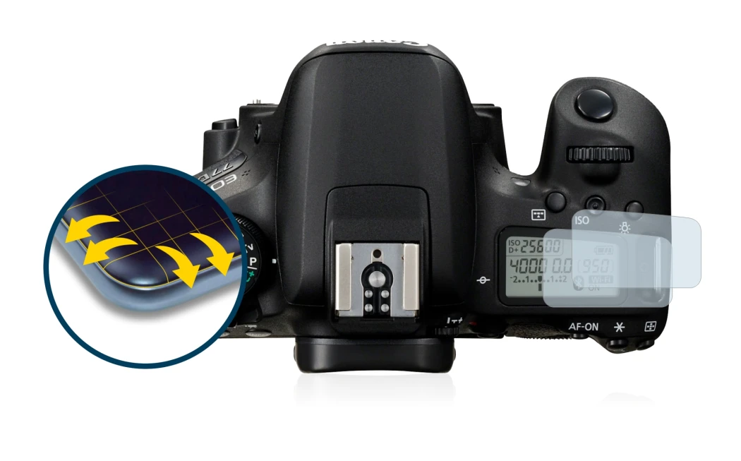 Imagen del dispositivo Canon EOS 77D (pantalla de hombro) con una amplia variedad de protectores de pantalla.