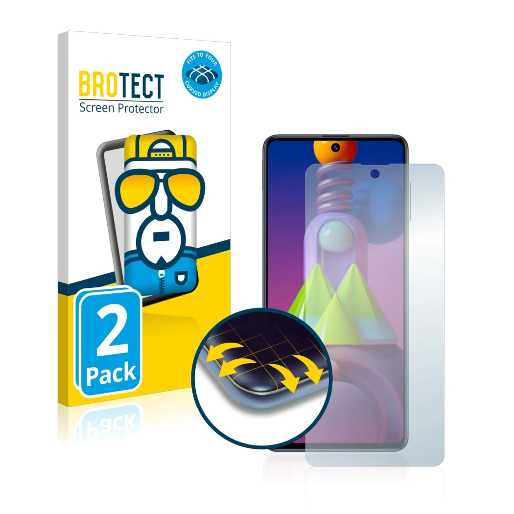 Parte frontal de un envase de producto con el logotipo de la marca BROTECT. Al lado se muestra el dispositivo Samsung Galaxy M