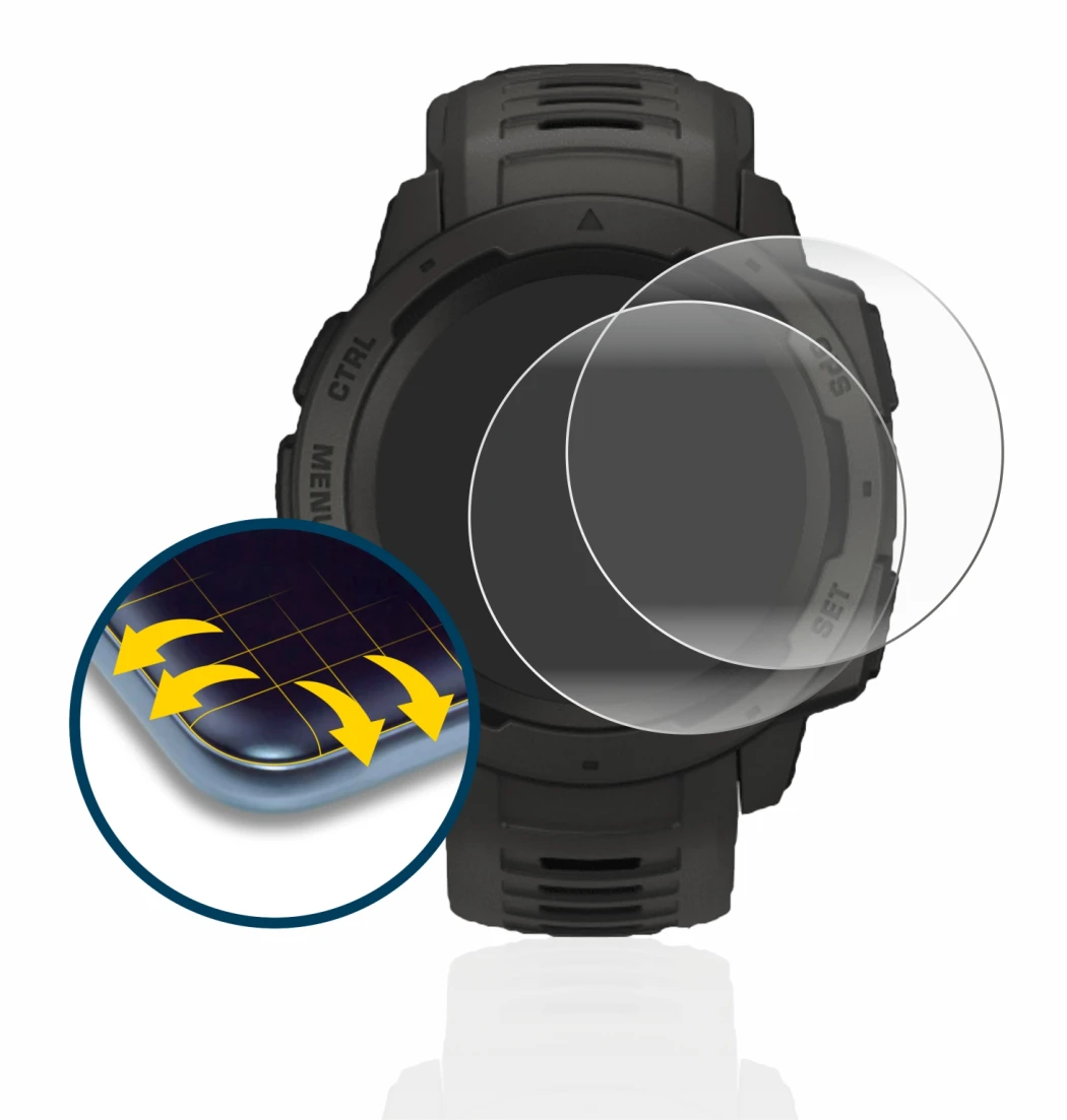 Imagen del dispositivo Garmin Instinct Solar con una amplia variedad de protectores de pantalla.