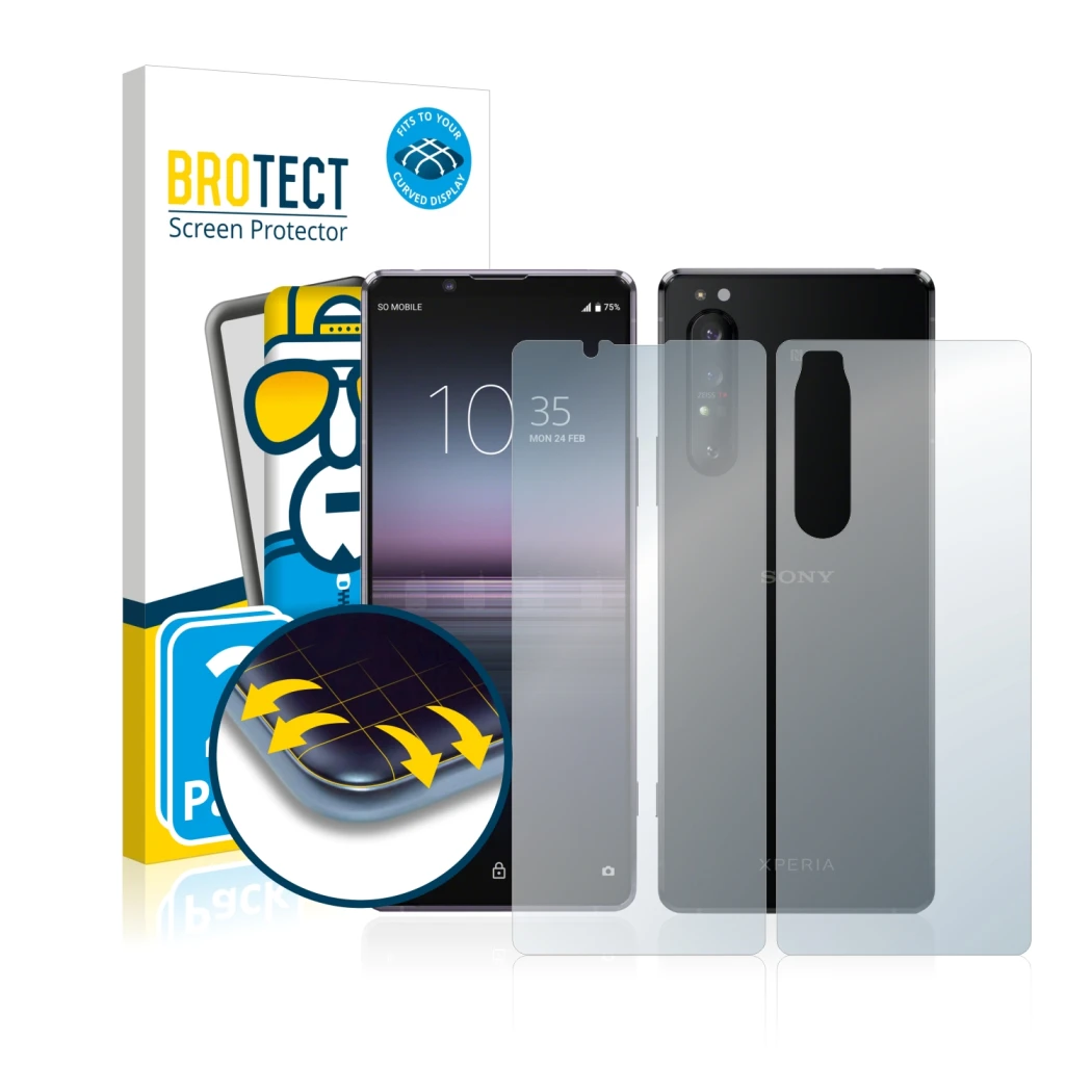 Parte frontal de un envase de producto con el logotipo de la marca BROTECT. Al lado se muestra el dispositivo Sony Xperia 1 II