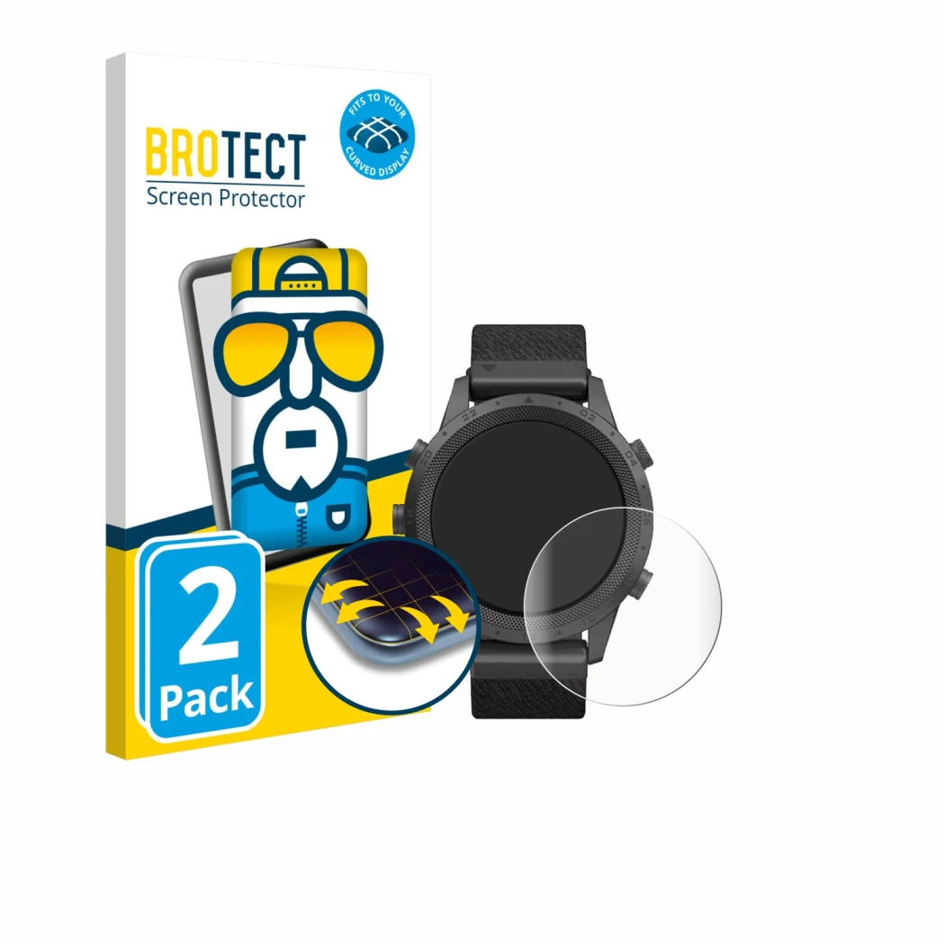 Parte frontal de un envase de producto con el logotipo de la marca BROTECT. Al lado se muestra el dispositivo Garmin Marq Expe