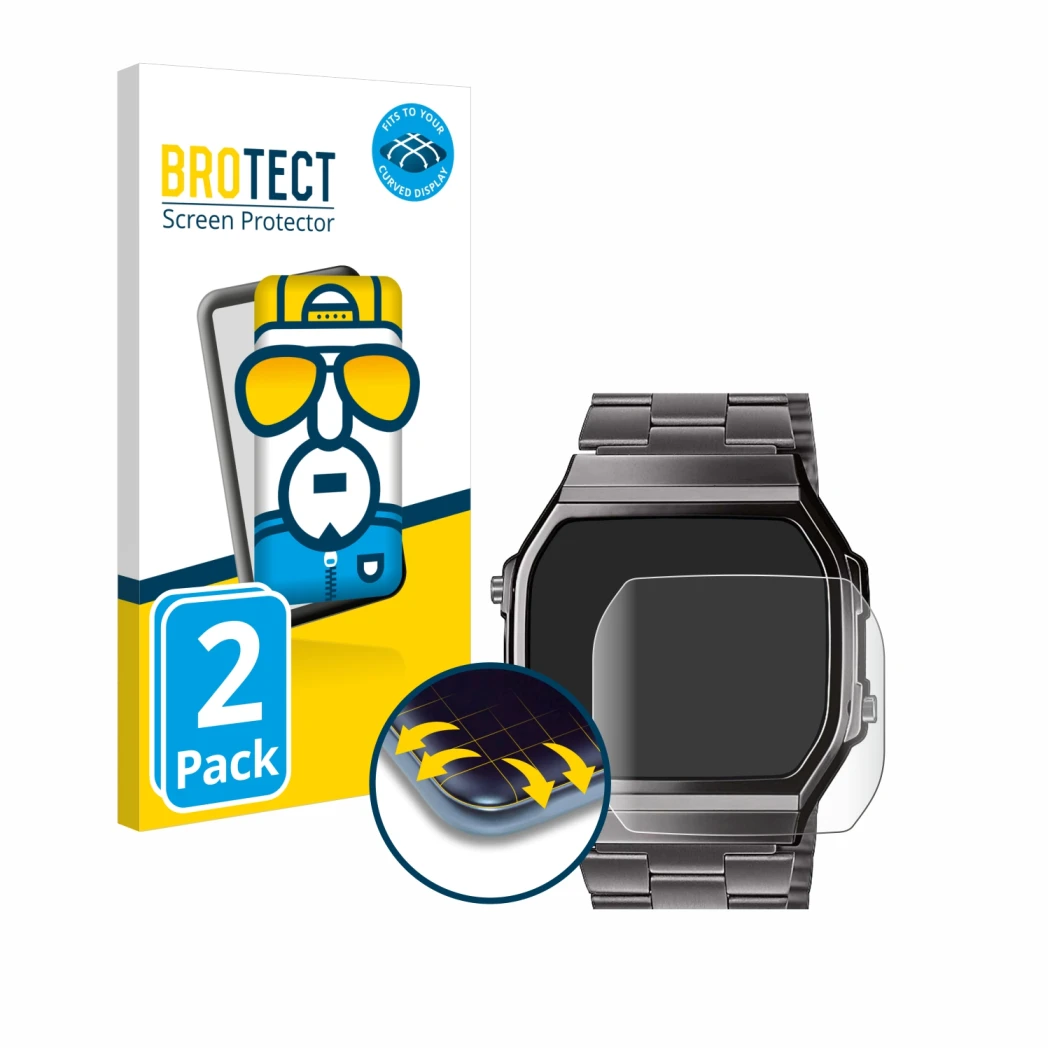 Parte frontal de un envase de producto con el logotipo de la marca BROTECT. Al lado se muestra el dispositivo Casio A168WEGG-1