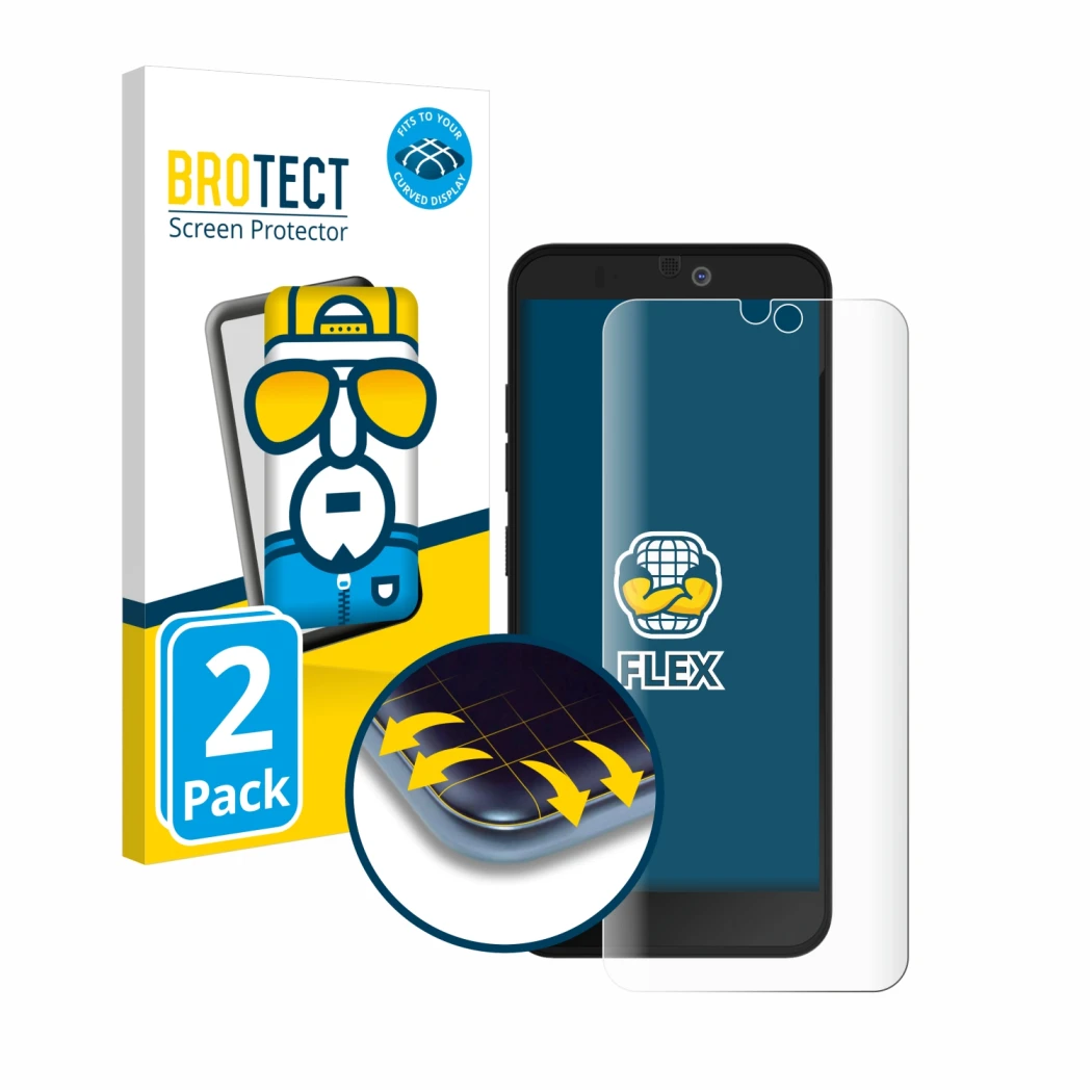 Parte frontal de un envase de producto con el logotipo de la marca BROTECT. Al lado se muestra el dispositivo Fairphone 3 Plus