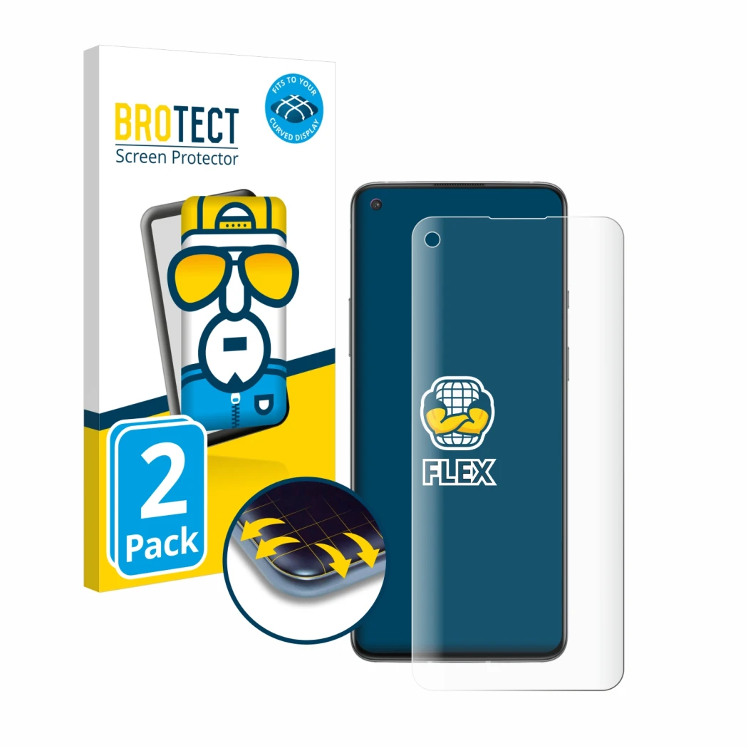 Parte frontal de un envase de producto con el logotipo de la marca BROTECT. Al lado se muestra el dispositivo OnePlus 8T con s