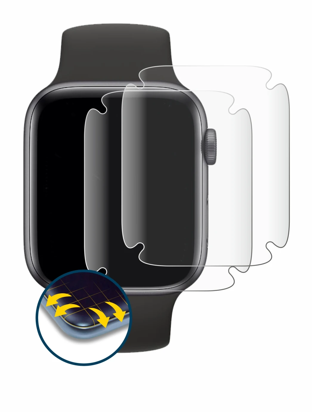 Imagen del dispositivo Apple Watch SE (44 mm) con una amplia variedad de protectores de pantalla.