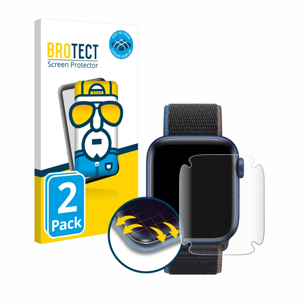 Parte frontal de un envase de producto con el logotipo de la marca BROTECT. Al lado se muestra el dispositivo Apple Watch Seri