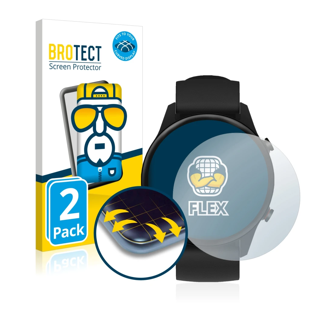 Parte frontal de un envase de producto con el logotipo de la marca BROTECT. Al lado se muestra el dispositivo Xiaomi Mi Watch 